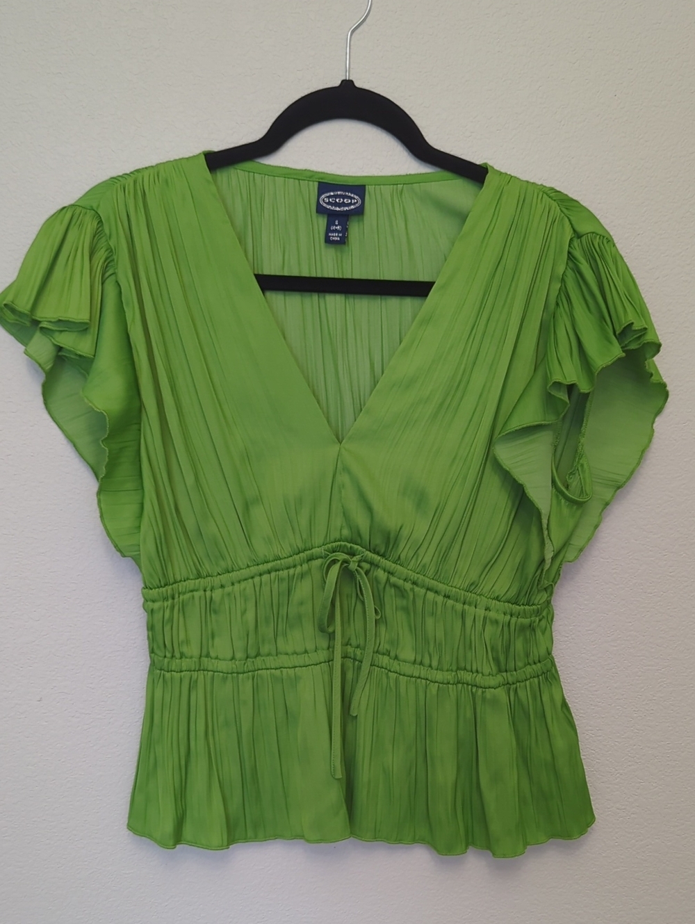 Scoop Lime Green V-Neck Ruffle Sleeve Drawstring Peplum Top Small